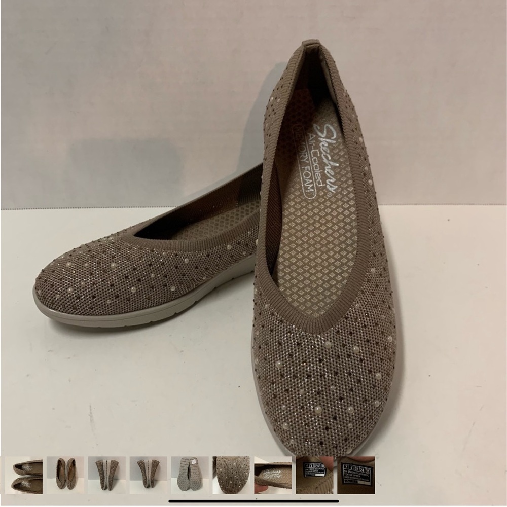 Skechers Stretch Fit Sparkle Knit Skimmers Cleo Flex Wedge Mocha size 7 NWT - Picture 2 of 6